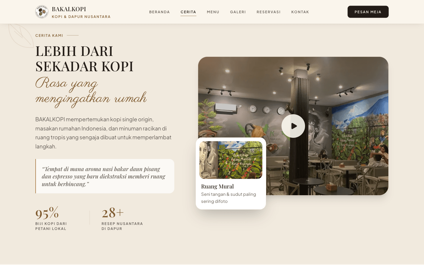 Brand narrative and culinary philosophy section